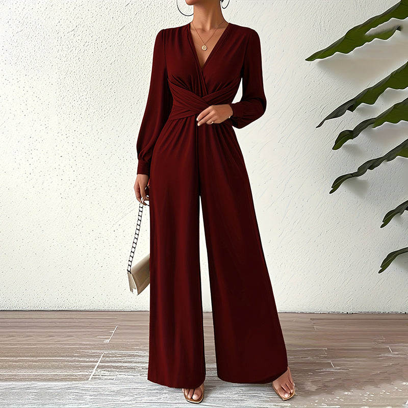 Women's Elegant Jumpsuit With Cross V-Neck & Long Sleeve Solid Color Belted Wide Leg Pantsuit For Office And Formal