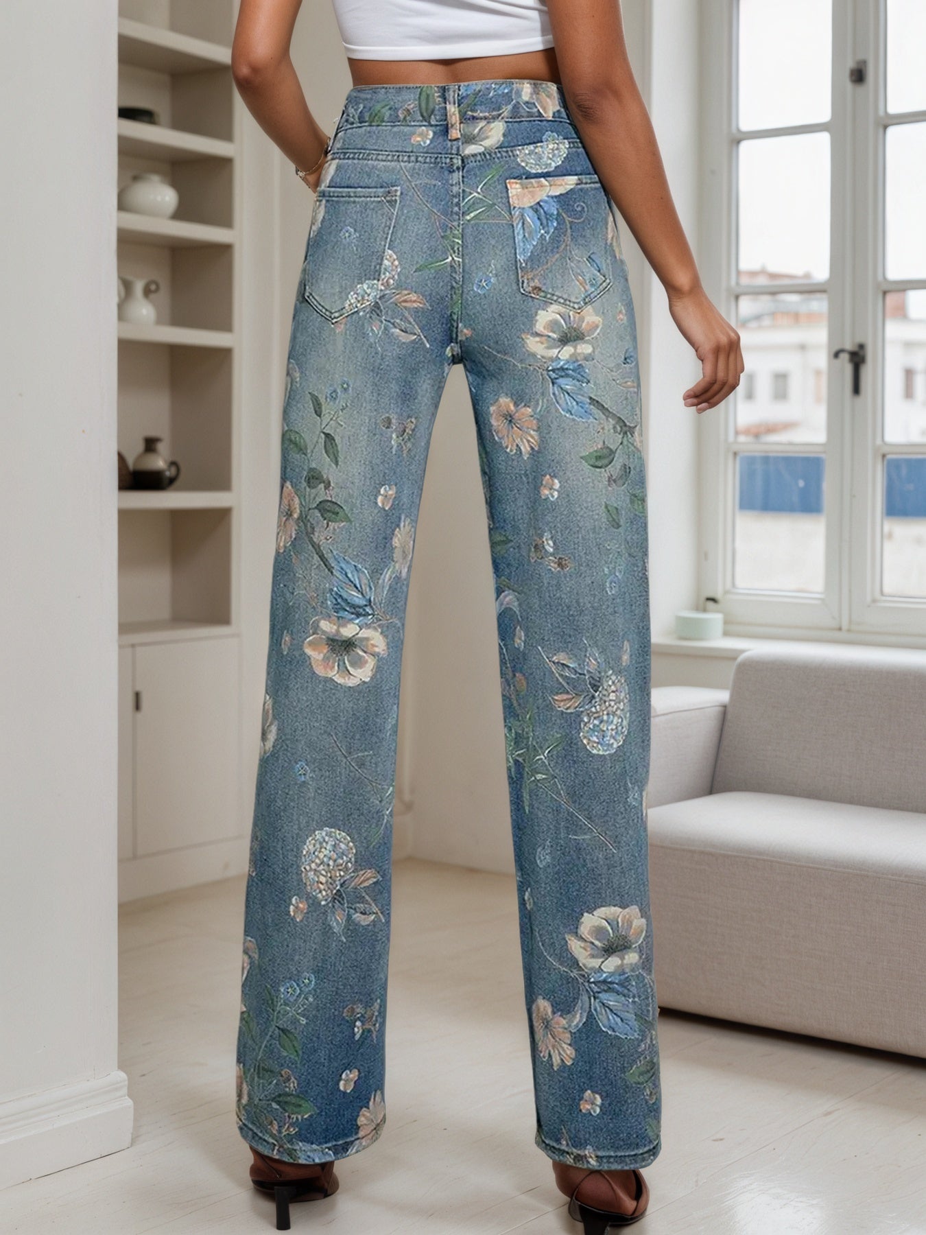 Women's Fashion Printed Jeans, Straight Leg Loose Spring Summer Autumn Clothing