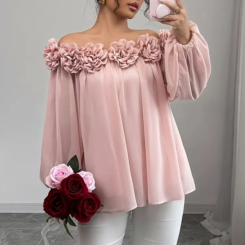 Women's 3D Floral Off Shoulder Blouse, with Elegant Long ruffle Sheer evening Dressy look