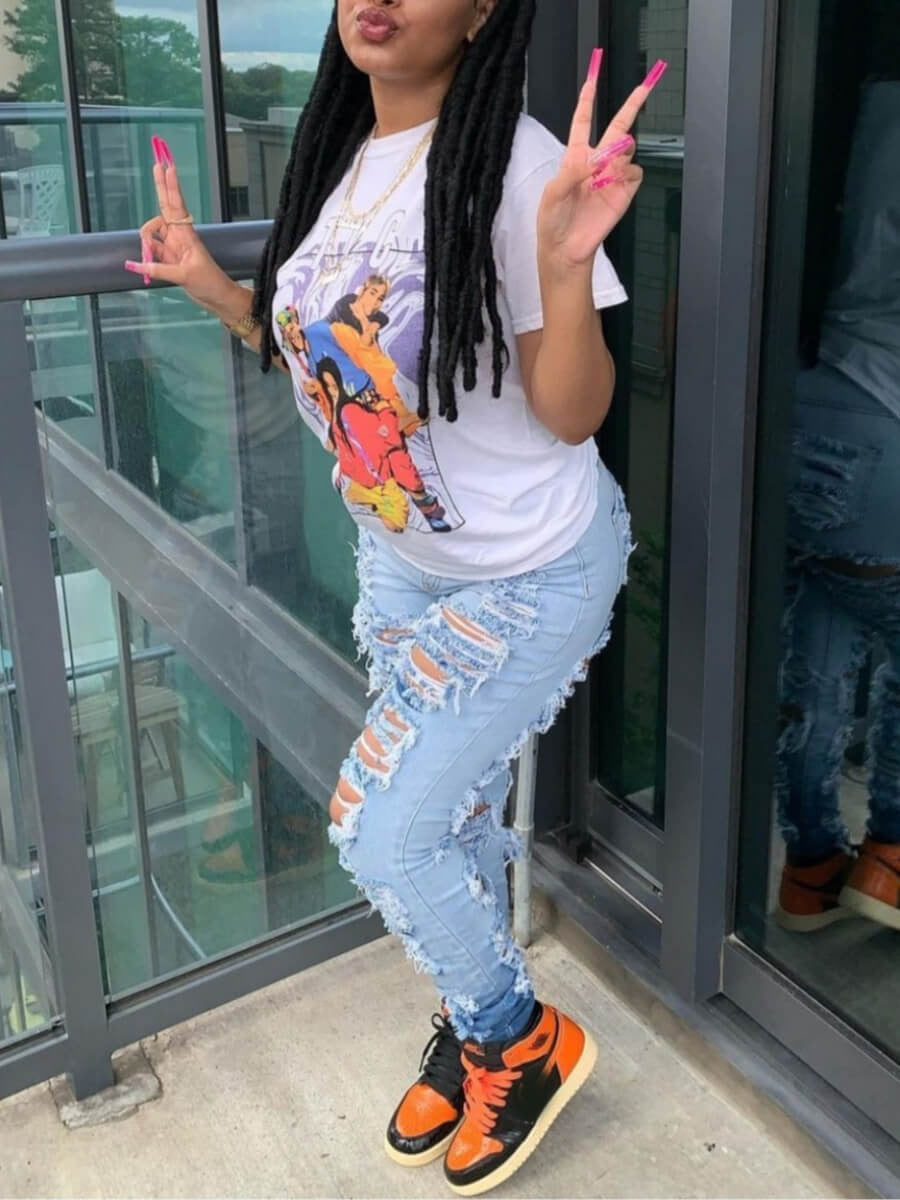 Women's Fashion Trend Ripped Stretch Jeans, Slim-fit Gradient Jeans