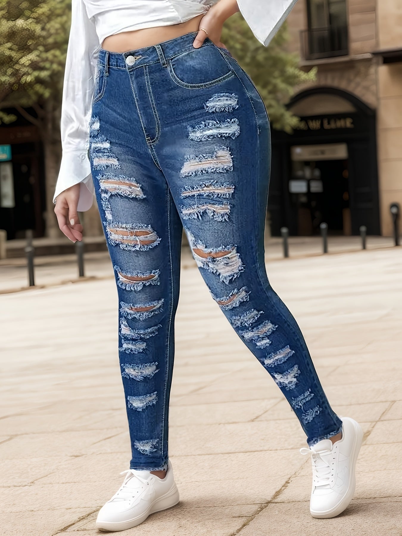 Women's Fashionable Casual Ripped Jeans, High Waisted