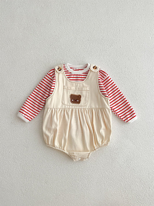 Baby Girls Cute Teddy Overalls Onesie And Striped Top Set