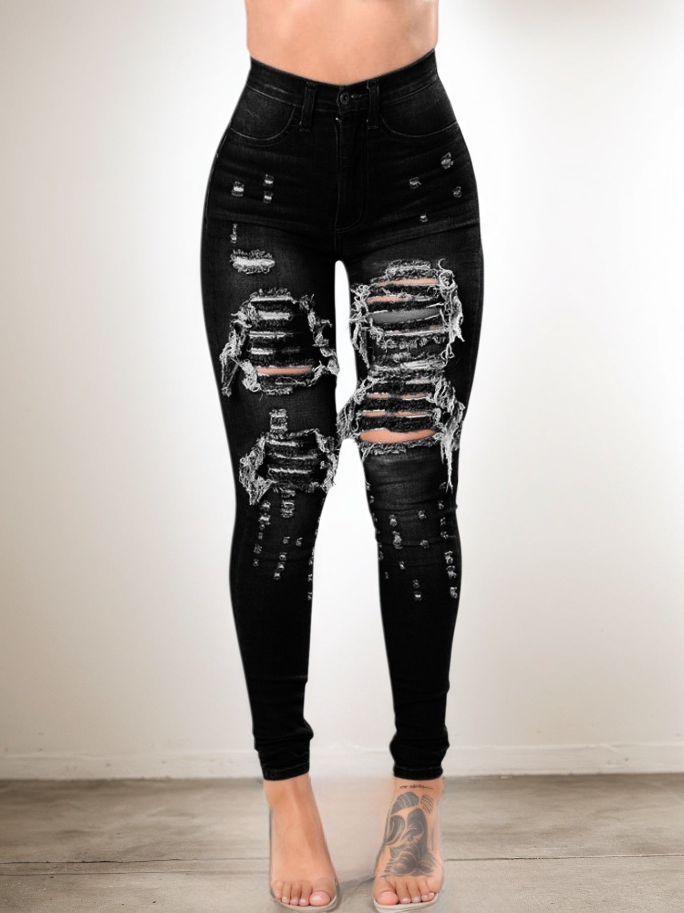 Women's High Waisted Elastic Ripped Tight black Jeans