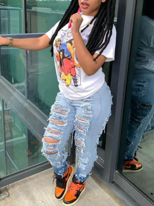 Women's Fashion Trend Ripped Stretch Jeans, Slim-fit Gradient Jeans