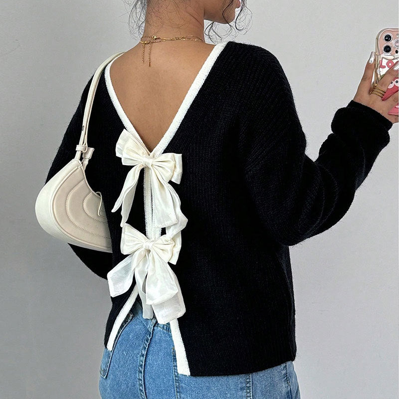 Women's Bow Sweater Long Sleeve Top, Open Back Crew Neck Split Pullover, Fall Trendy Going Out Sweater