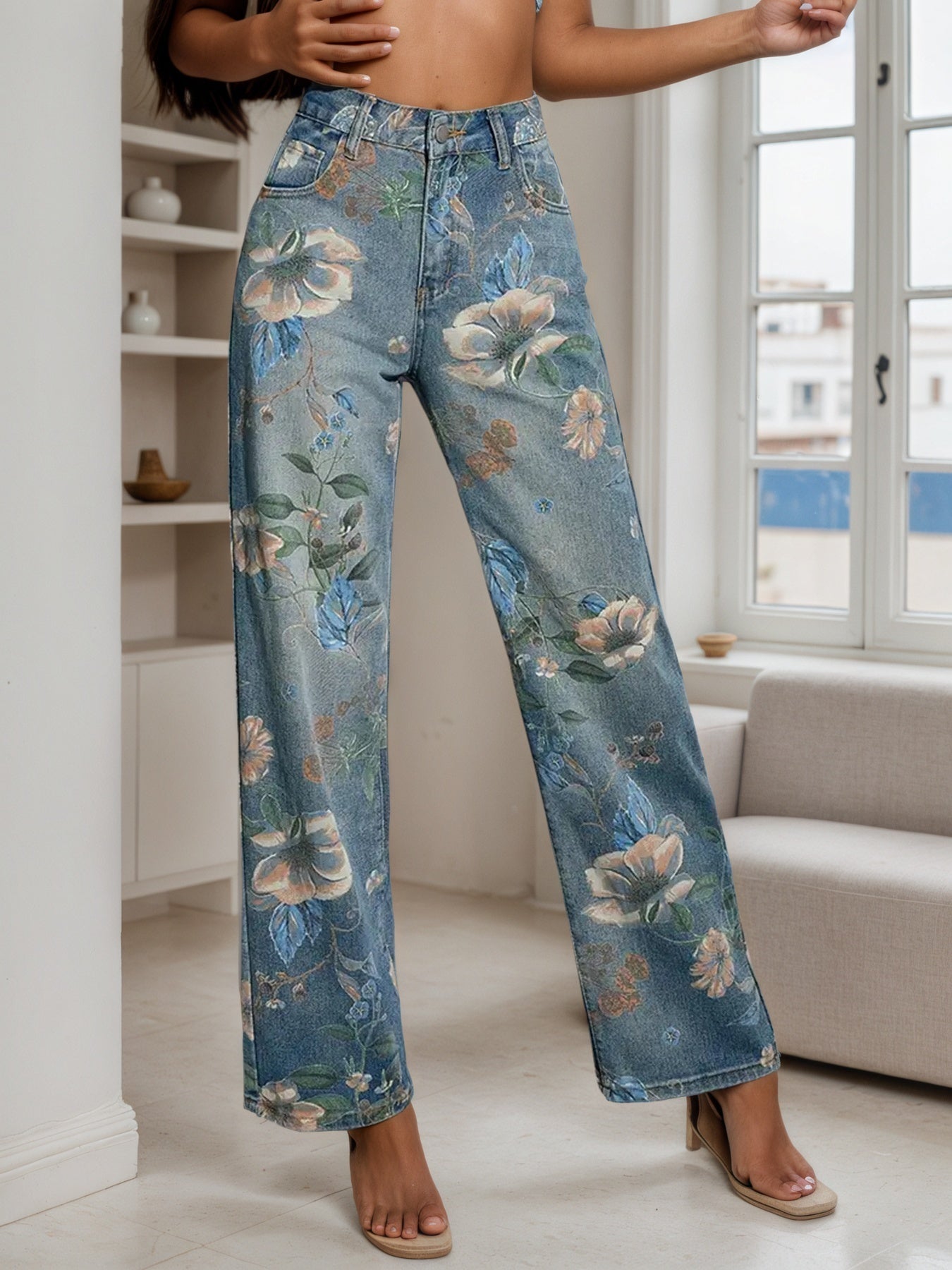 Women's Fashion Printed Jeans, Straight Leg Loose Spring Summer Autumn Clothing