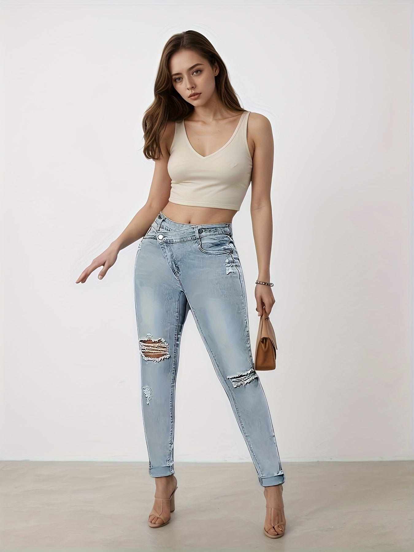 Women’s Slim Fit Tear Washed Denim Jeans, Design With A Beautiful Waist Belt
