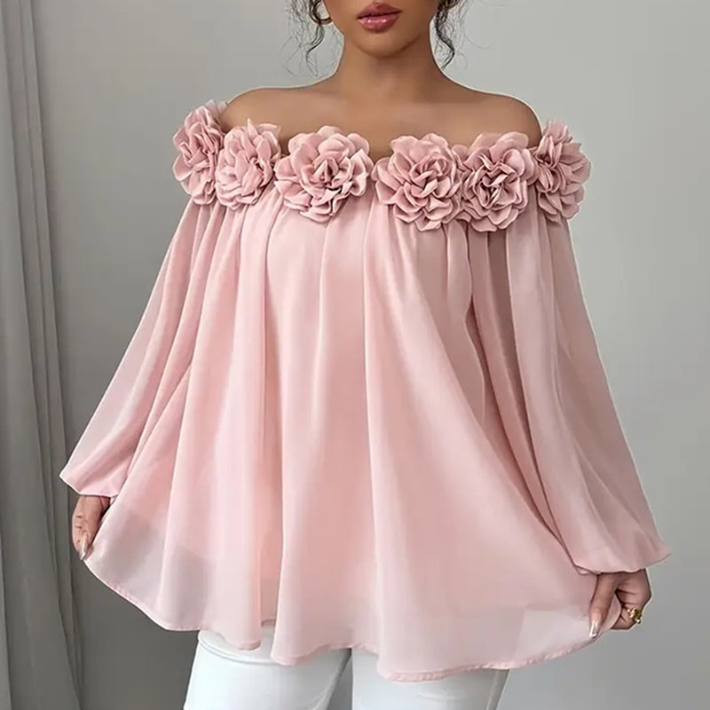 Women's 3D Floral Off Shoulder Blouse, with Elegant Long ruffle Sheer evening Dressy look