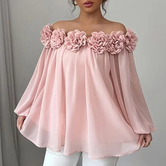 Women's 3D Floral Off Shoulder Blouse, with Elegant Long ruffle Sheer evening Dressy look