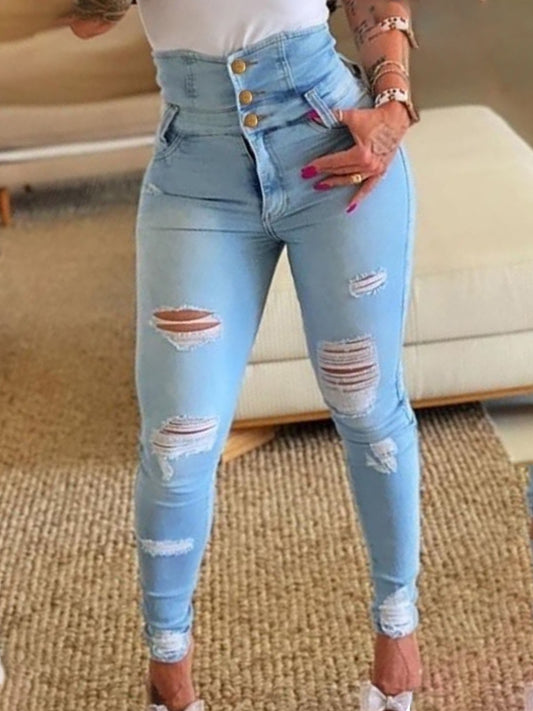 High Waisted Slim Fit Ripped Jeans - Made Of Light Blue Old Denim Fabric With Built-in zipper