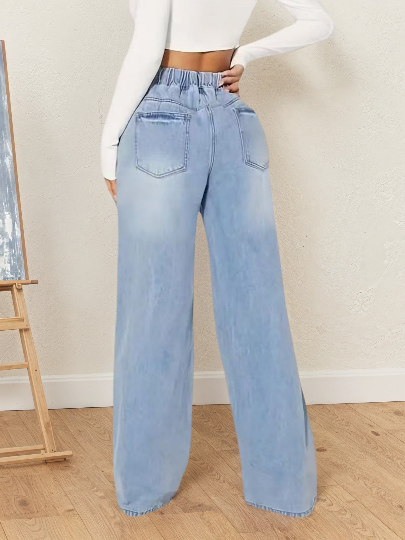 Women Fashion High-waisted Denim Pants, with Drawstring Design