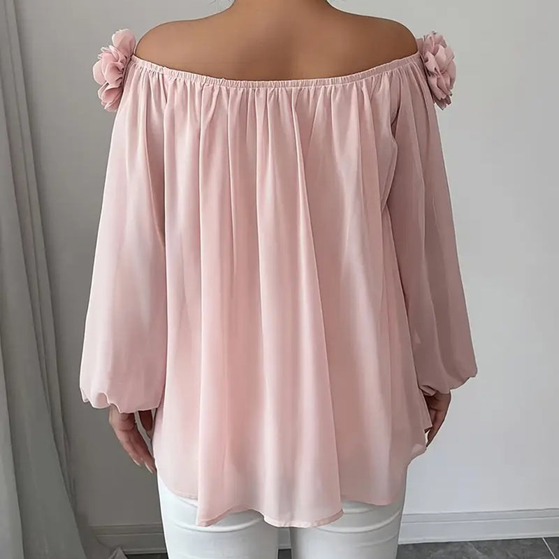 Women's 3D Floral Off Shoulder Blouse, with Elegant Long ruffle Sheer evening Dressy look
