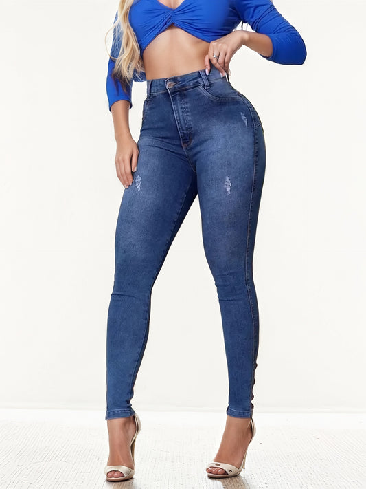 Women's High waisted Denim Pants With Button Decoration