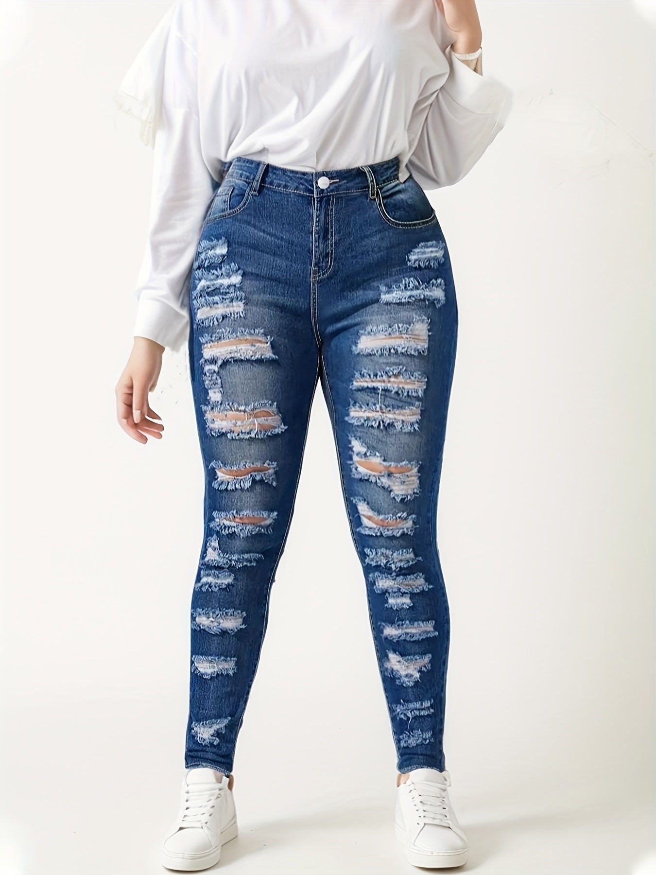 Women's Fashionable Casual Ripped Jeans, High Waisted