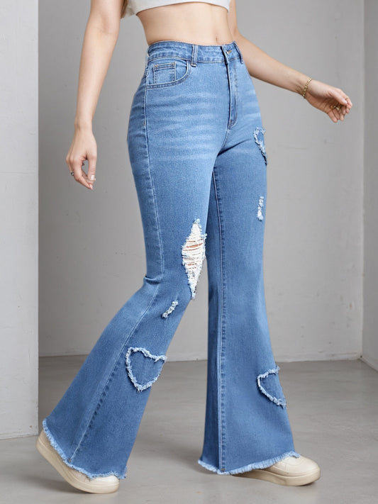 Women'S High-Stretch Flare Jeans With Heart Embroidery Patchwork - Trendy Distressed Denim Bell Bottoms