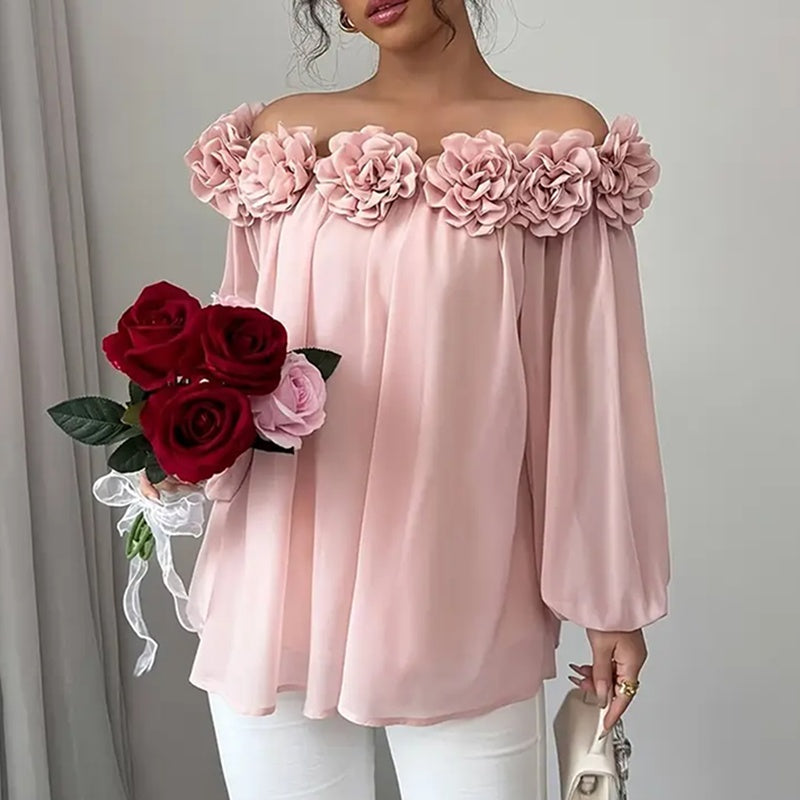 Women's 3D Floral Off Shoulder Blouse, with Elegant Long ruffle Sheer evening Dressy look