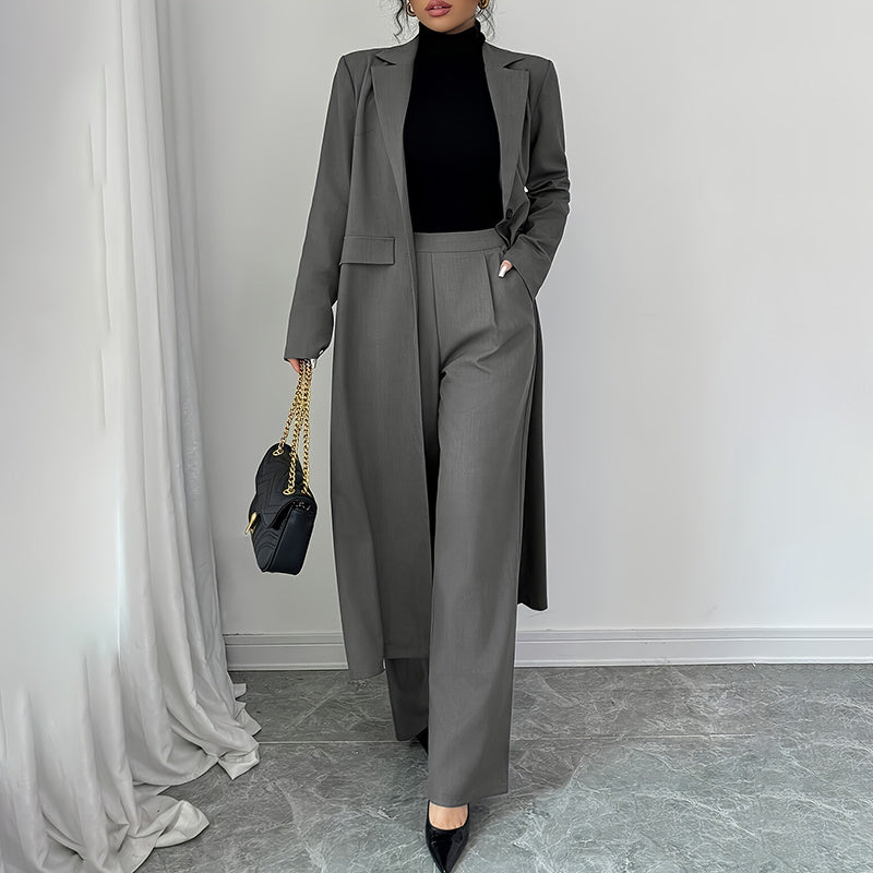 Women's 2 Piece Suit Set, Long Blazer Jacket And Straight Leg Pants, Business Formal Office Outfits For Work, NO Lining
