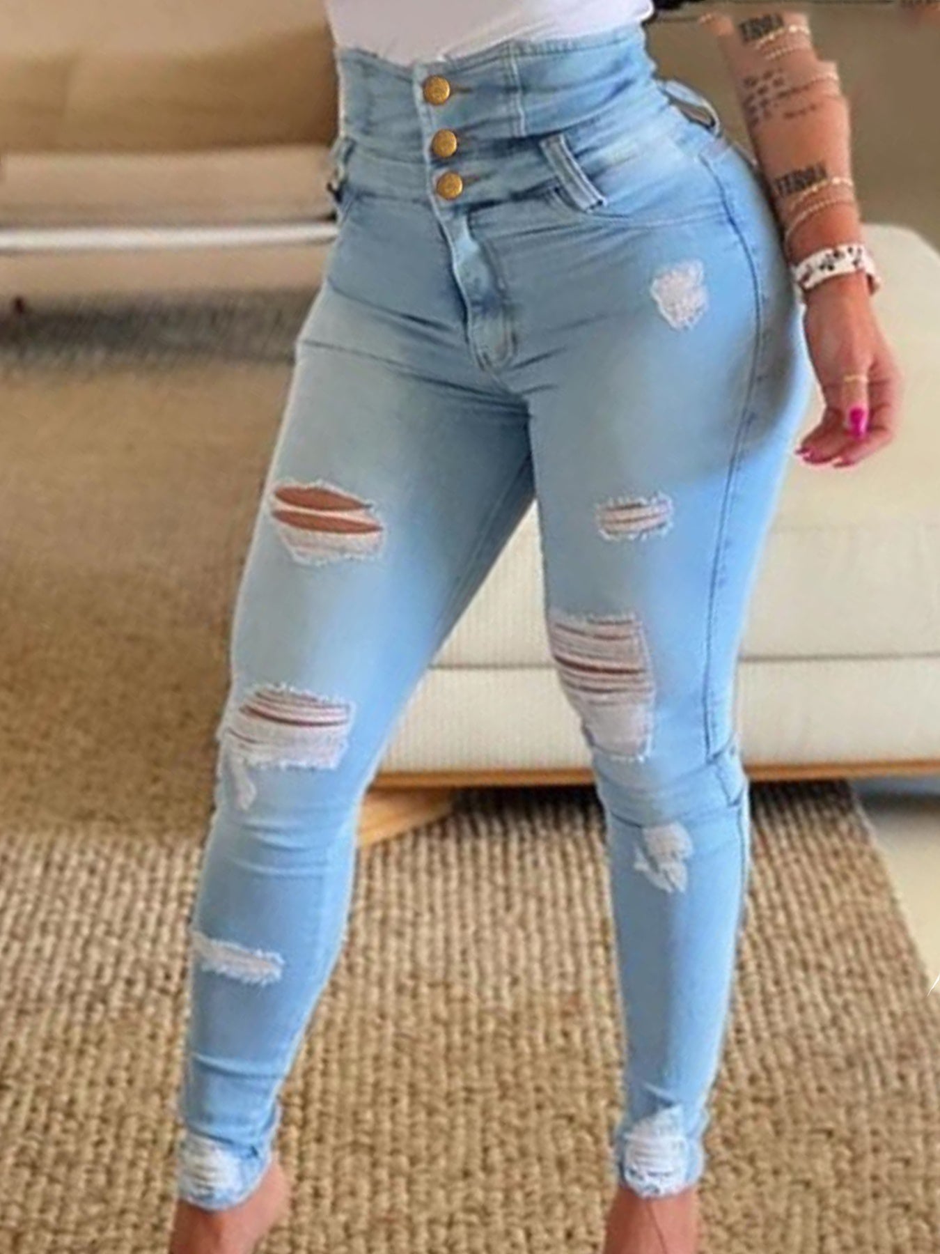 High Waisted Slim Fit Ripped Jeans - Made Of Light Blue Old Denim Fabric With Built-in zipper