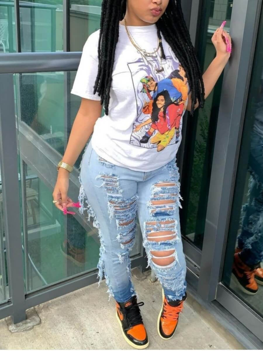 Women's Fashion Trend Ripped Stretch Jeans, Slim-fit Gradient Jeans