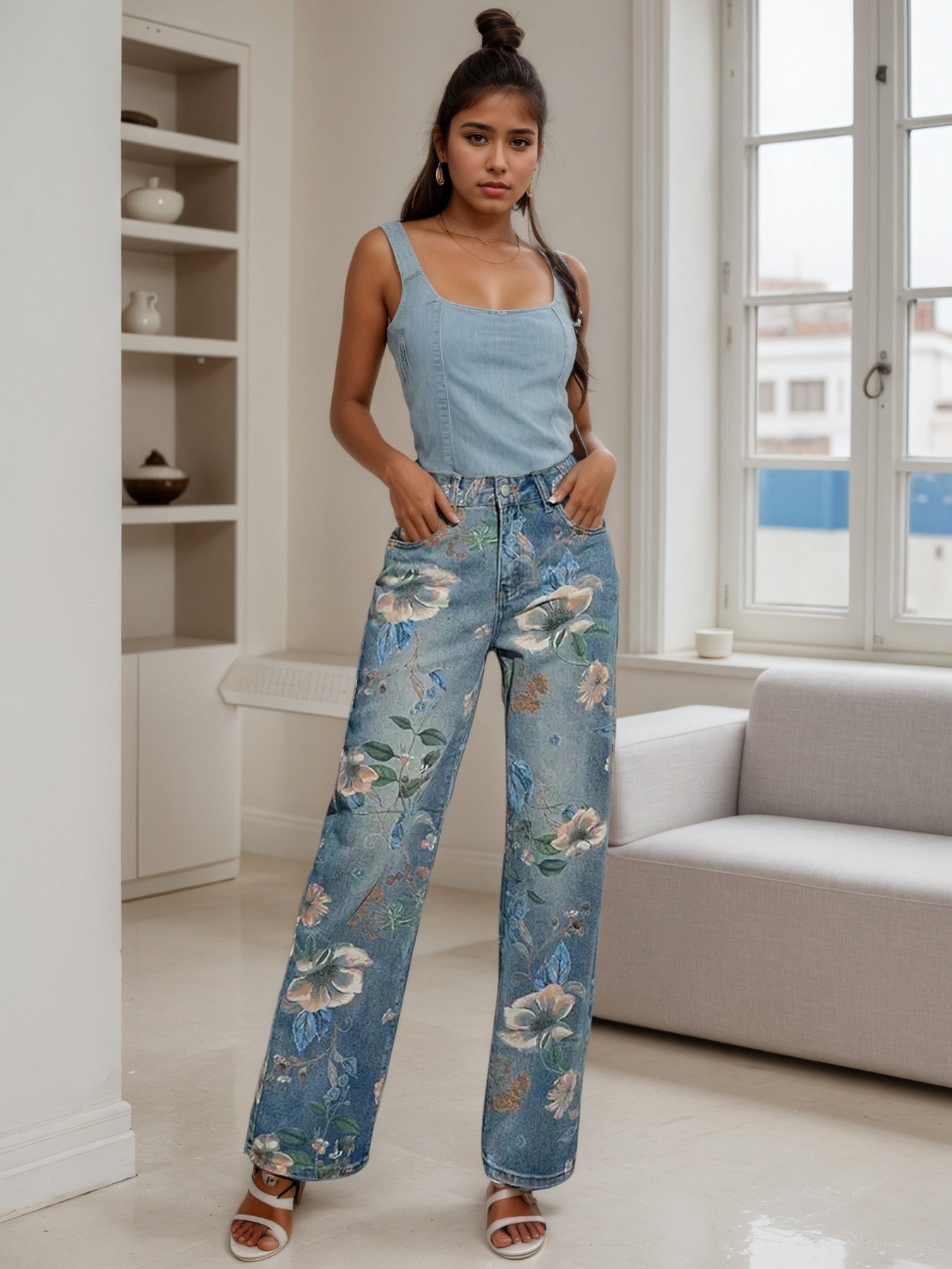 Women's Fashion Printed Jeans, Straight Leg Loose Spring Summer Autumn Clothing