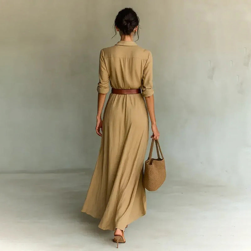 Women Long Sleeve Ruched Elegant Maxi Dress Button Down SWith Belts
