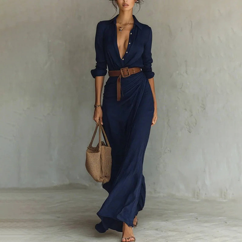 Women Long Sleeve Ruched Elegant Maxi Dress Button Down SWith Belts