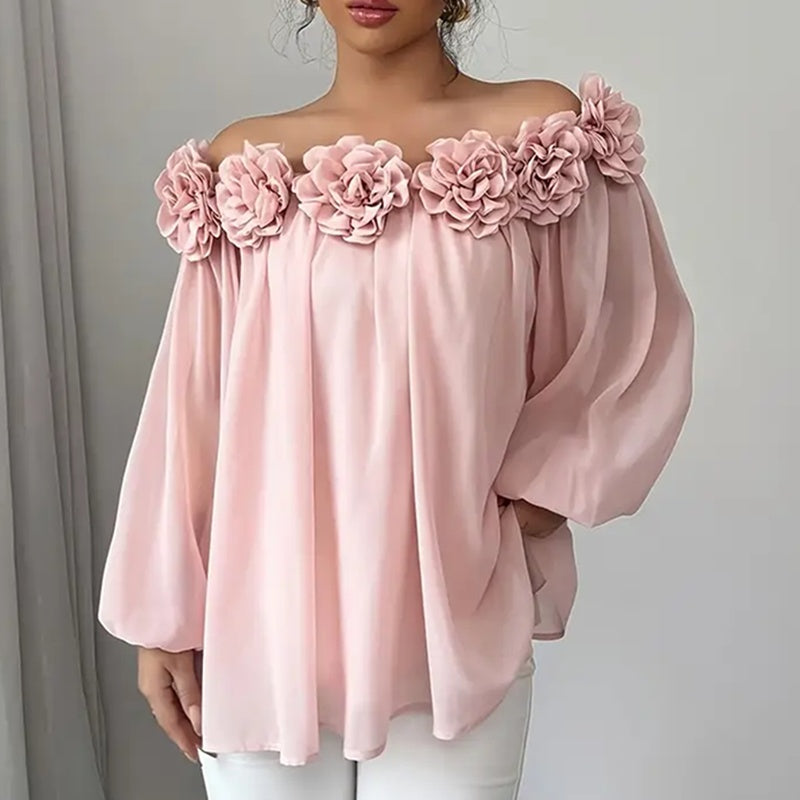 Women's 3D Floral Off Shoulder Blouse, with Elegant Long ruffle Sheer evening Dressy look