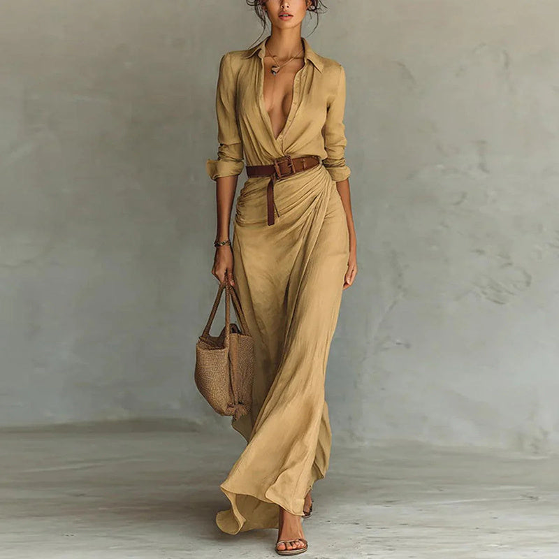 Women Long Sleeve Ruched Elegant Maxi Dress Button Down SWith Belts