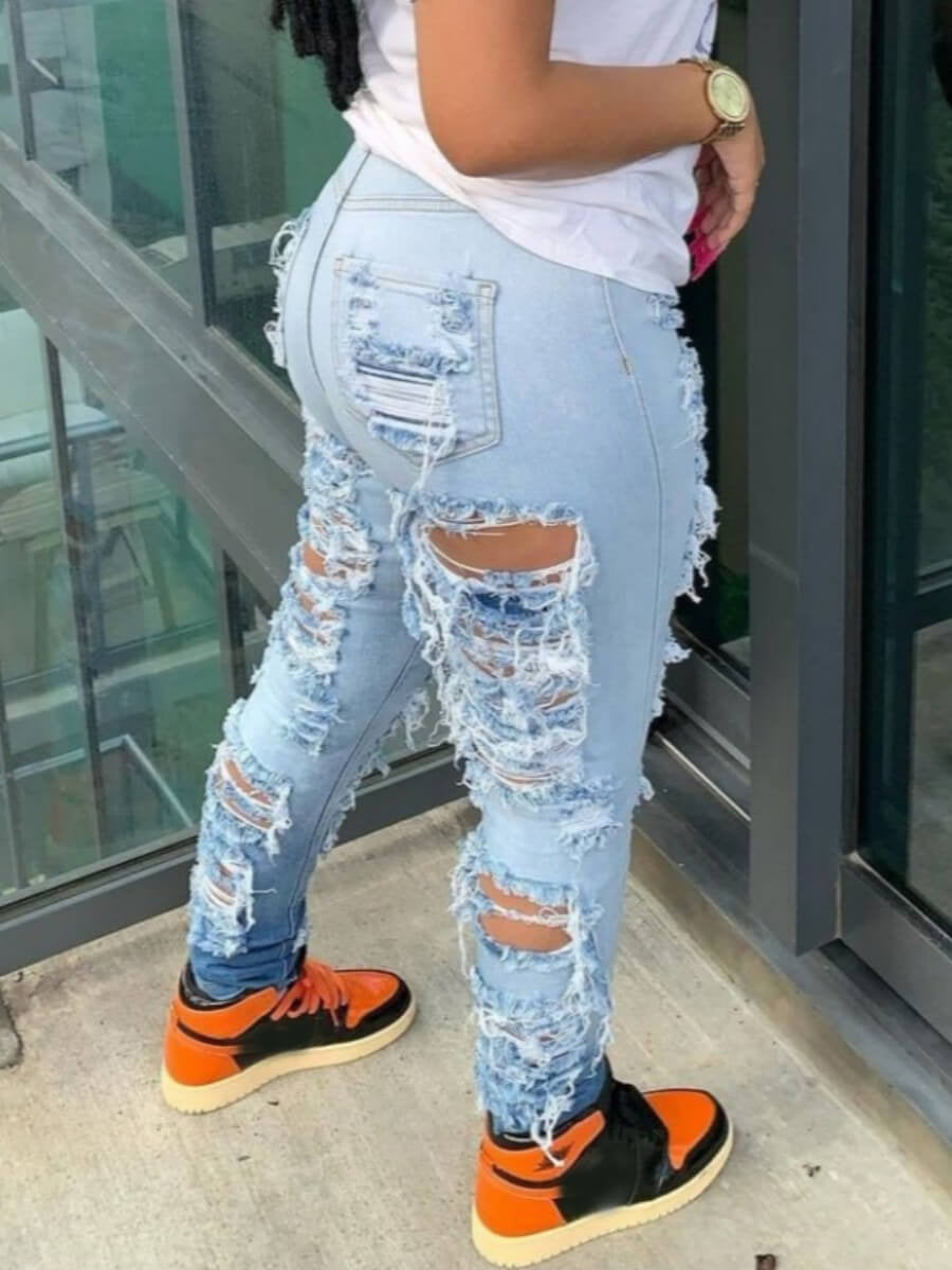 Women's Fashion Trend Ripped Stretch Jeans, Slim-fit Gradient Jeans