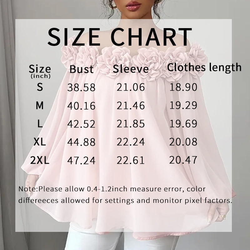 Women's 3D Floral Off Shoulder Blouse, with Elegant Long ruffle Sheer evening Dressy look
