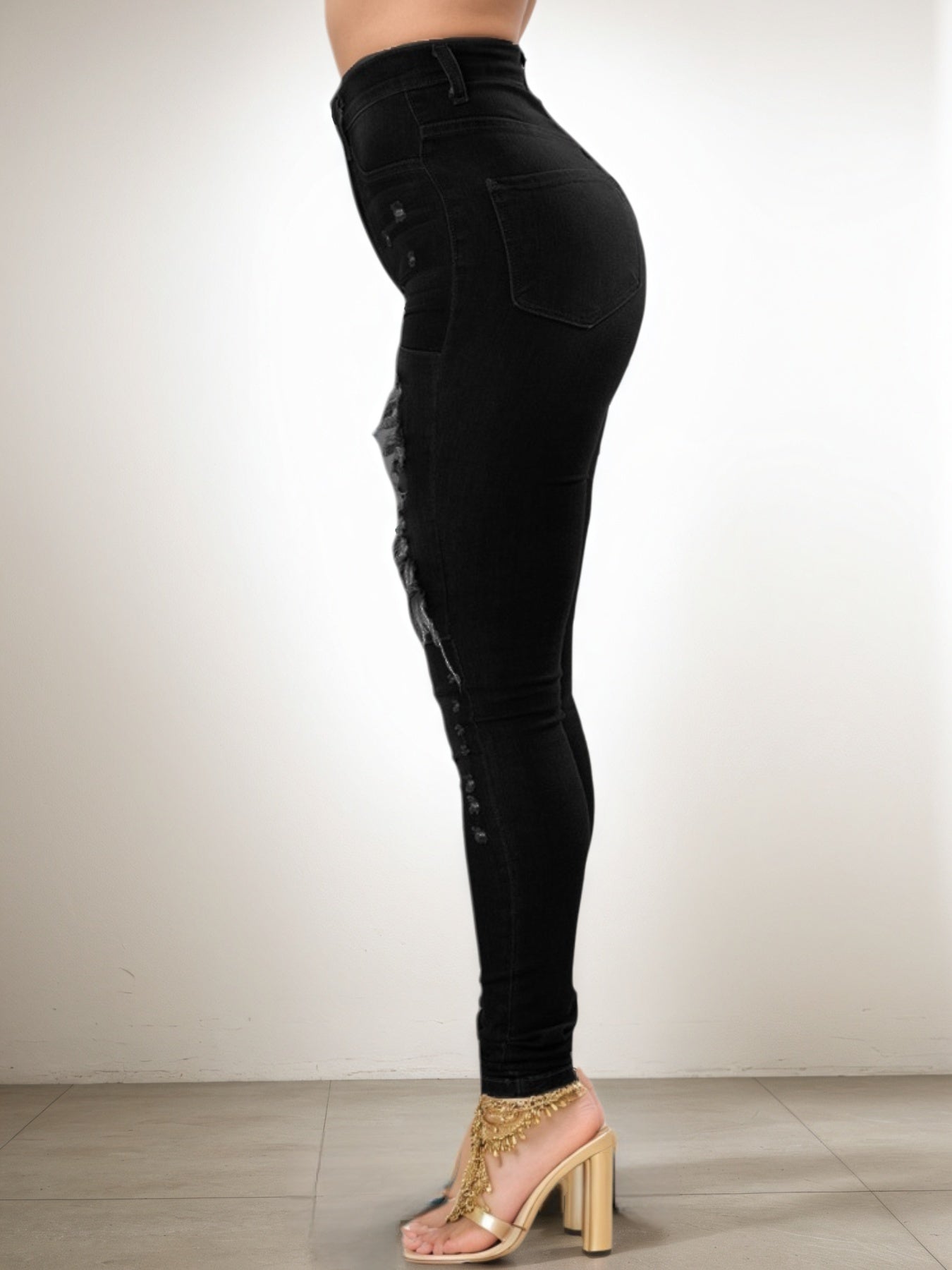 Women's High Waisted Elastic Ripped Tight black Jeans