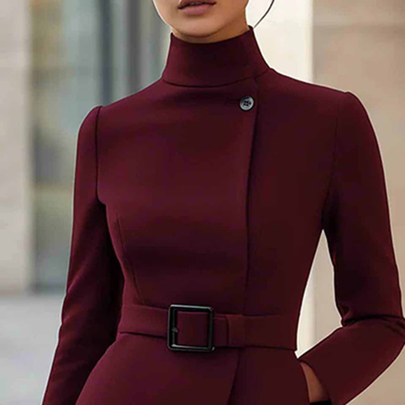 Women's Stand Collar Long Sleeve Dress, Elegant High Waist Belted Midi Dress, Slim Fit Office Formal Dress