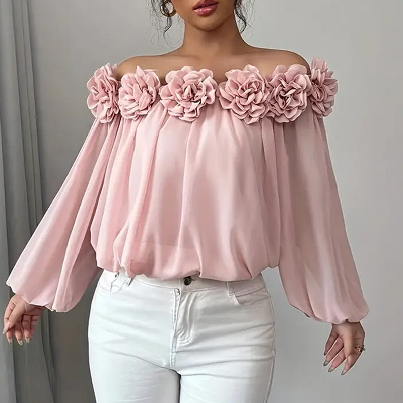 Women's 3D Floral Off Shoulder Blouse, with Elegant Long ruffle Sheer evening Dressy look