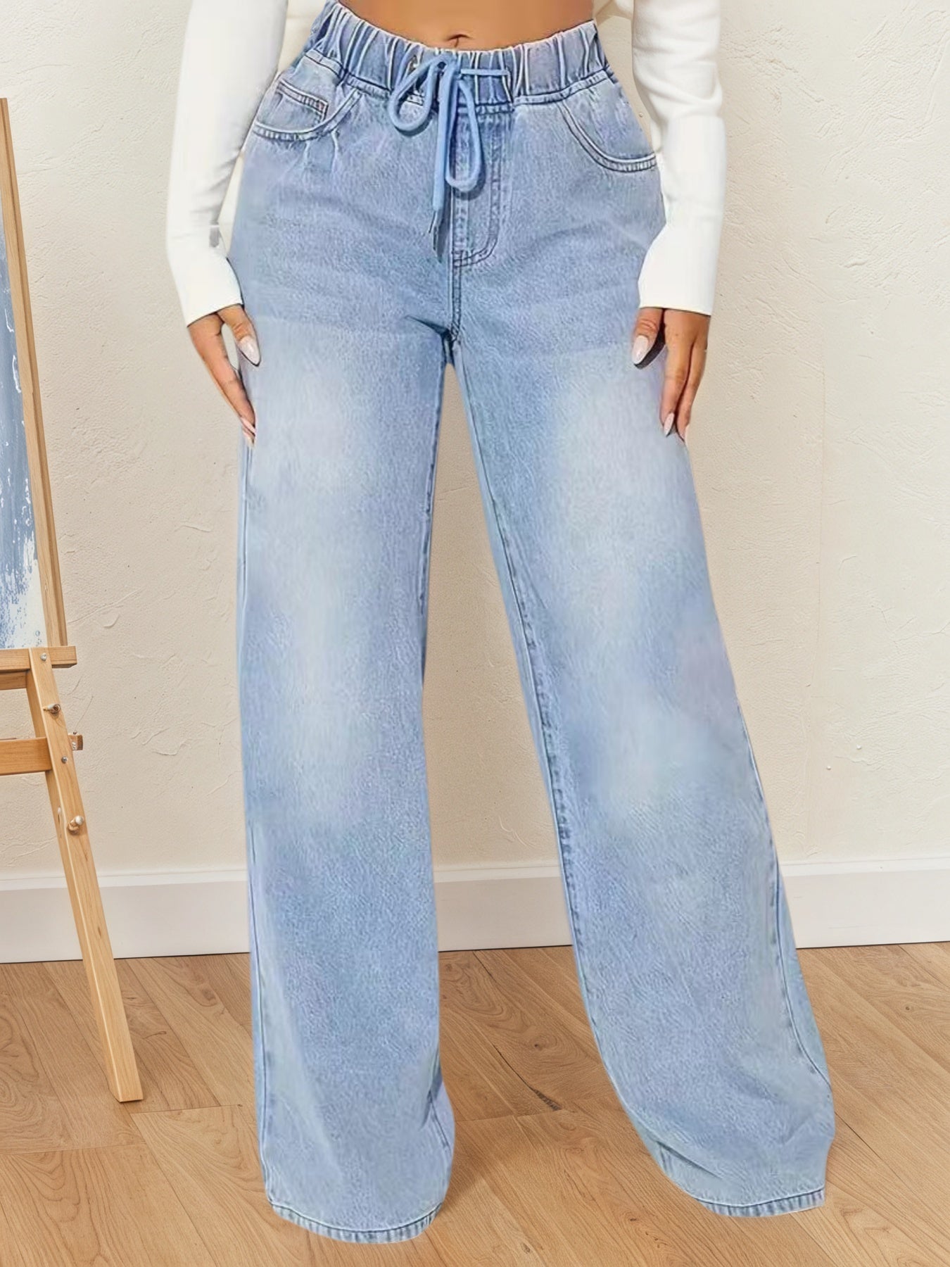 Women Fashion High-waisted Denim Pants, with Drawstring Design