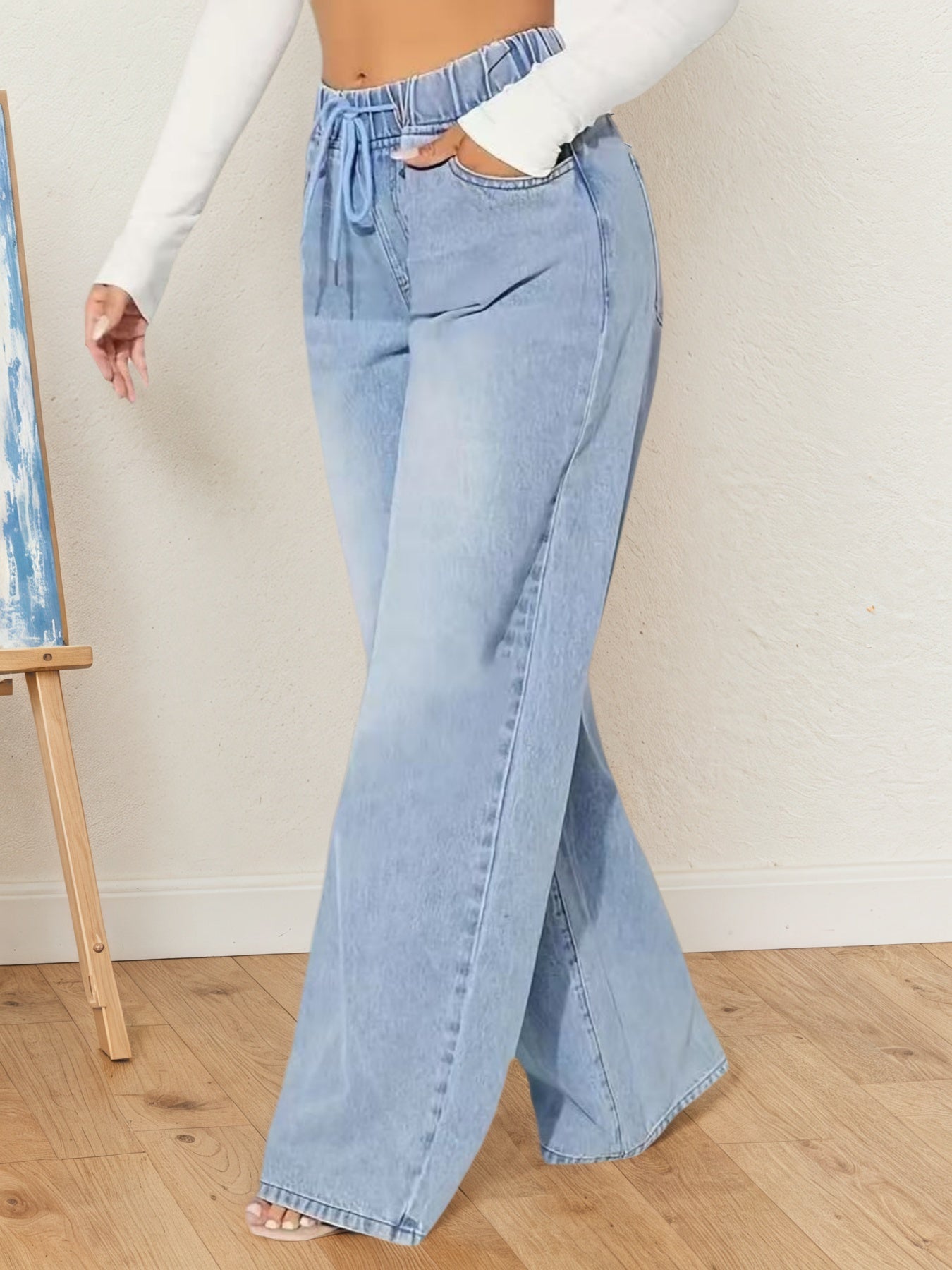 Women Fashion High-waisted Denim Pants, with Drawstring Design