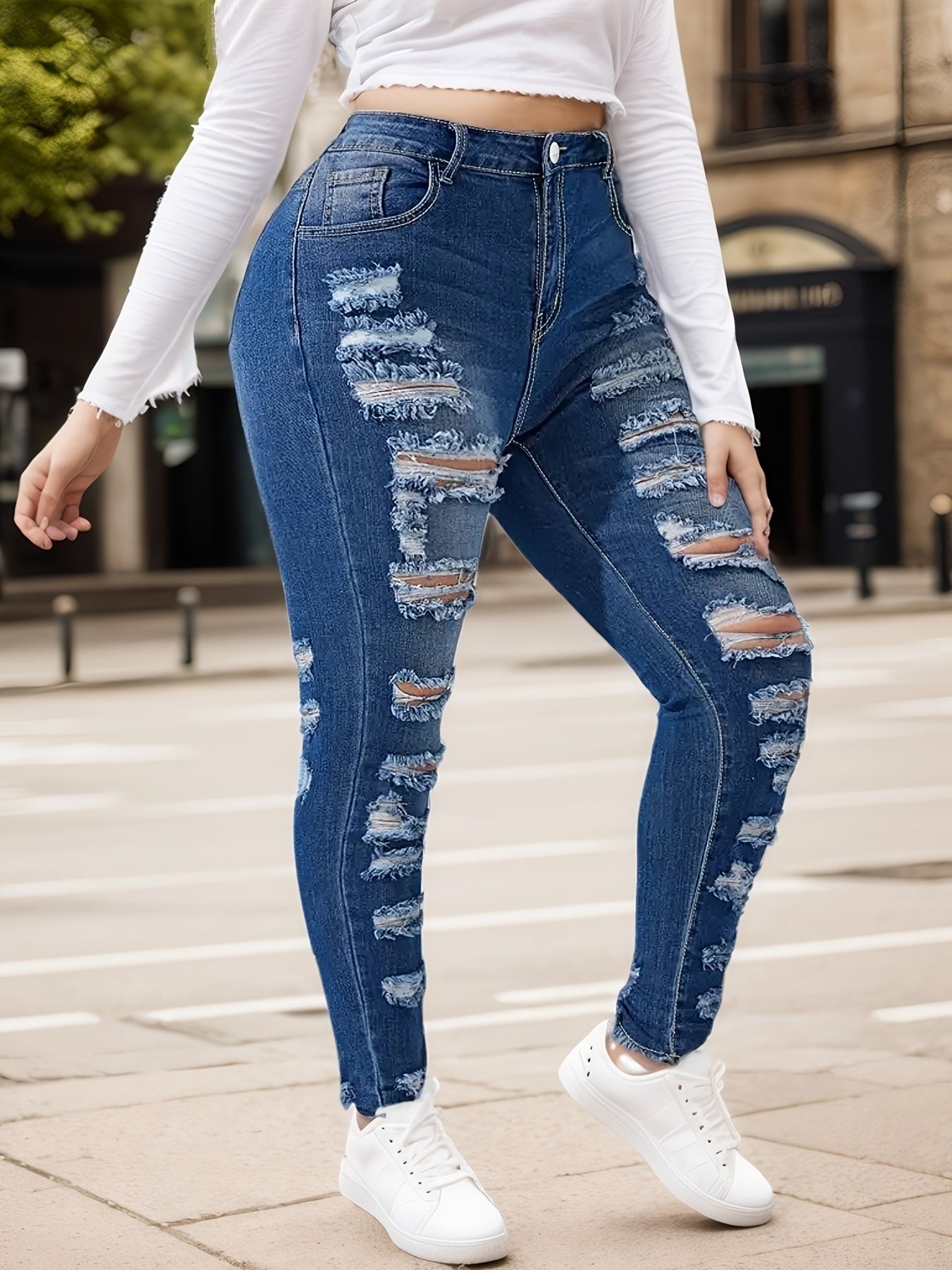 Women's Fashionable Casual Ripped Jeans, High Waisted