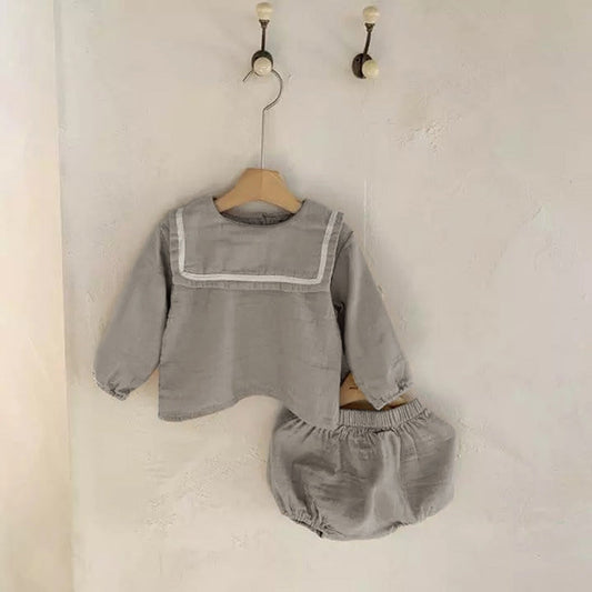 Baby Girl Solid Color Big Lapel Design Shirt Combo Shorts Sailor Style Sets