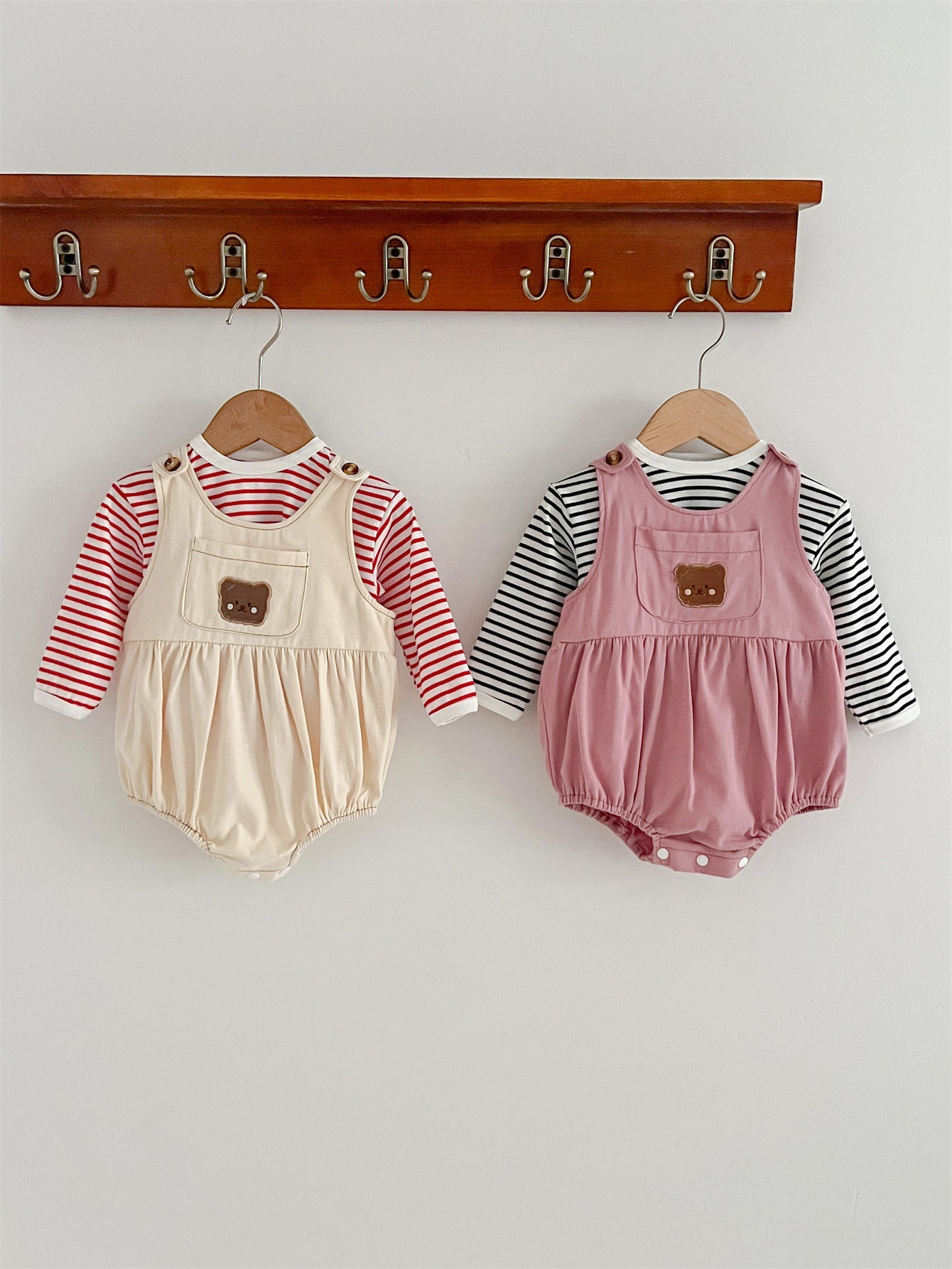 Baby Girls Cute Teddy Overalls Onesie And Striped Top Set