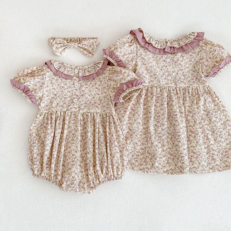 Baby Girl Ditsy Flower Ruffle Neck Dress Onesies In Summer