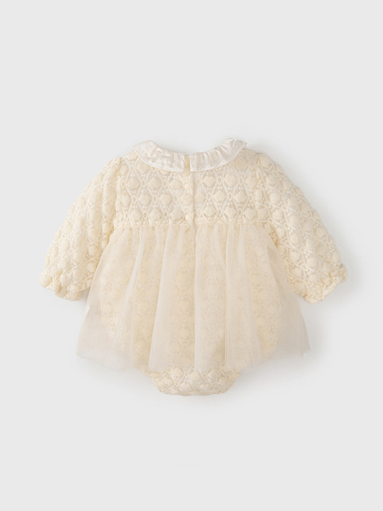 Autumn Tulle Dress Design Baby Girls Beige Geometric and Heart Pattern Long Sleeves Onesies with Princess Collar and Hat