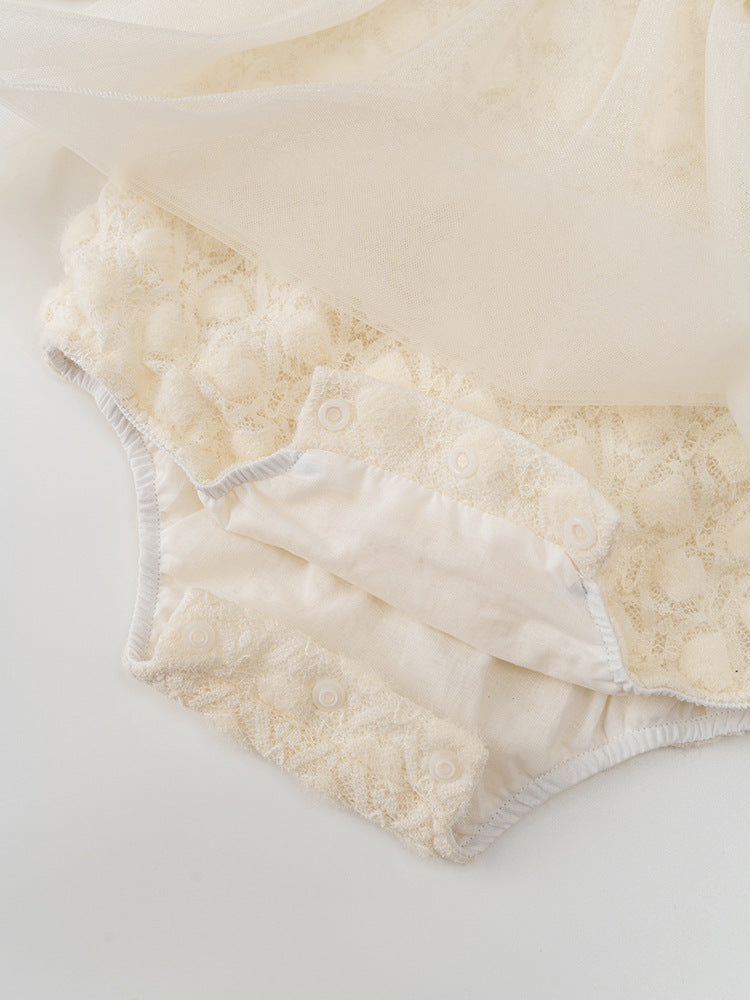 Autumn Tulle Dress Design Baby Girls Beige Geometric and Heart Pattern Long Sleeves Onesies with Princess Collar and Hat