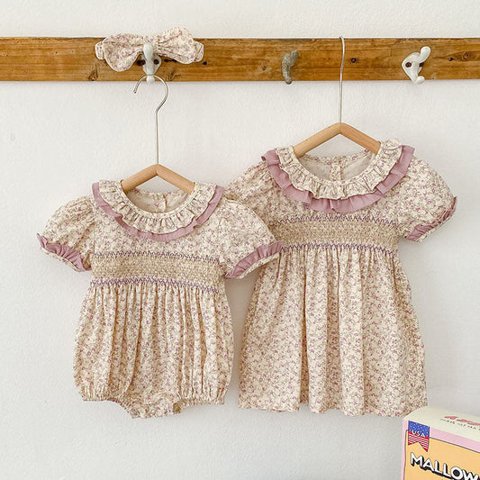 Baby Girl Ditsy Flower Ruffle Neck Dress Onesies In Summer