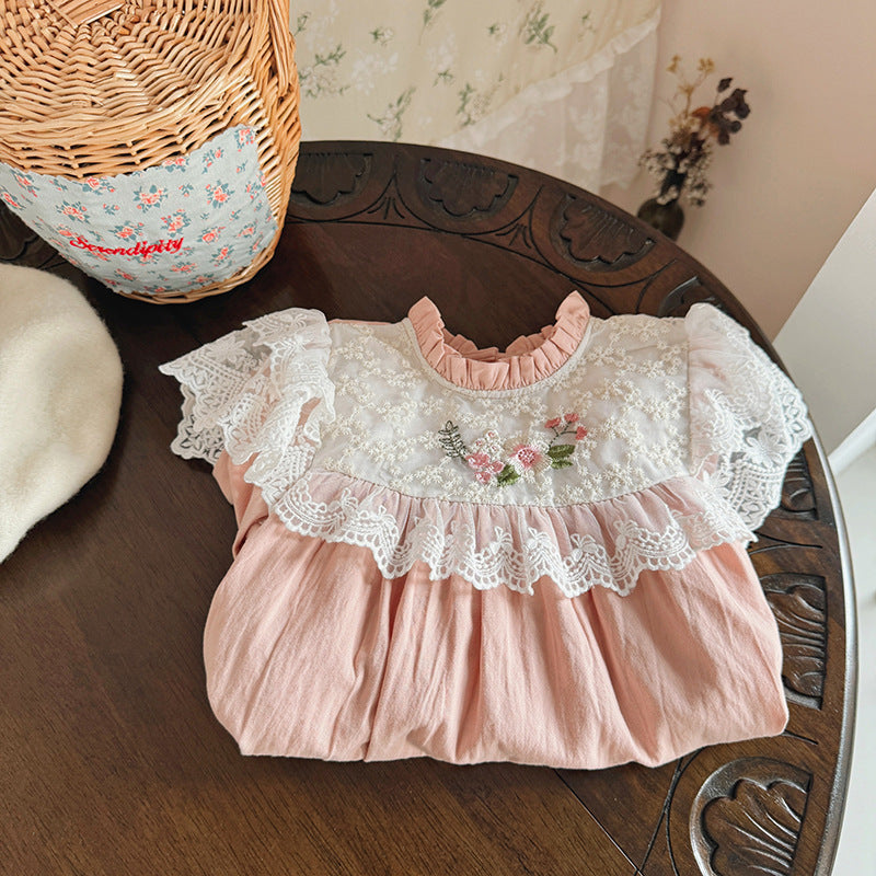 Arrival Autumn Girls Floral Embroidery Pattern Long Sleeves Ruffle Neck Dress