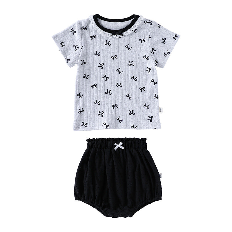 Summer Arrival Baby Girls Short Sleeves Butterfly-Bows Pattern Top and Bloomers Clothing Sets