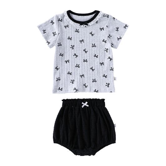 Summer Arrival Baby Girls Short Sleeves Butterfly-Bows Pattern Top and Bloomers Clothing Sets