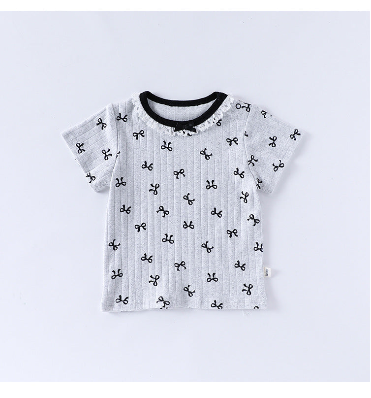 Summer Arrival Baby Girls Short Sleeves Butterfly-Bows Pattern Top and Bloomers Clothing Sets