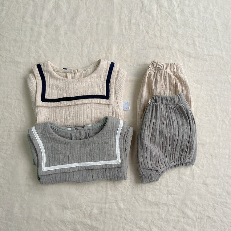 Baby Girl Solid Color Big Lapel Design Shirt Combo Shorts Sailor Style Sets