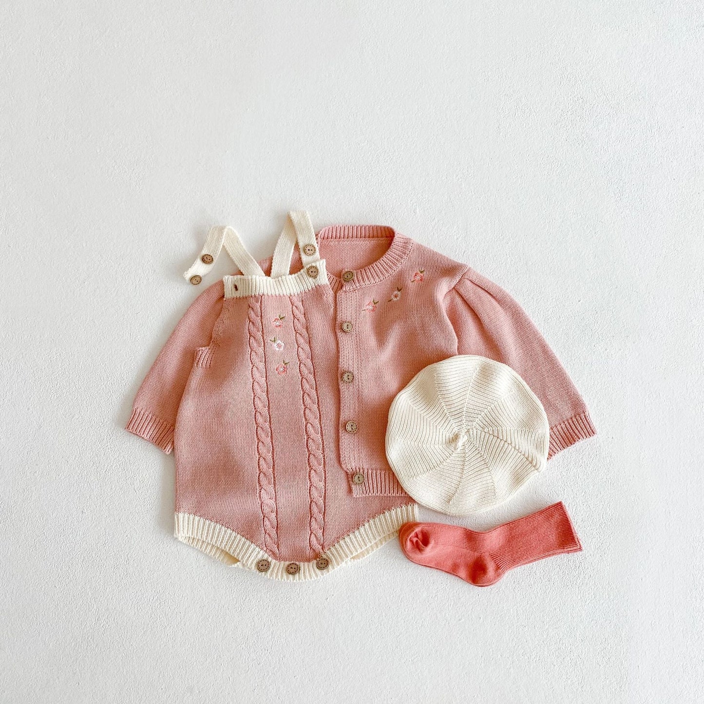 Baby Girl 1pcs Crochet Knitting Graphic Contrast Onesies & Floral Embroidered Cardigan Sets