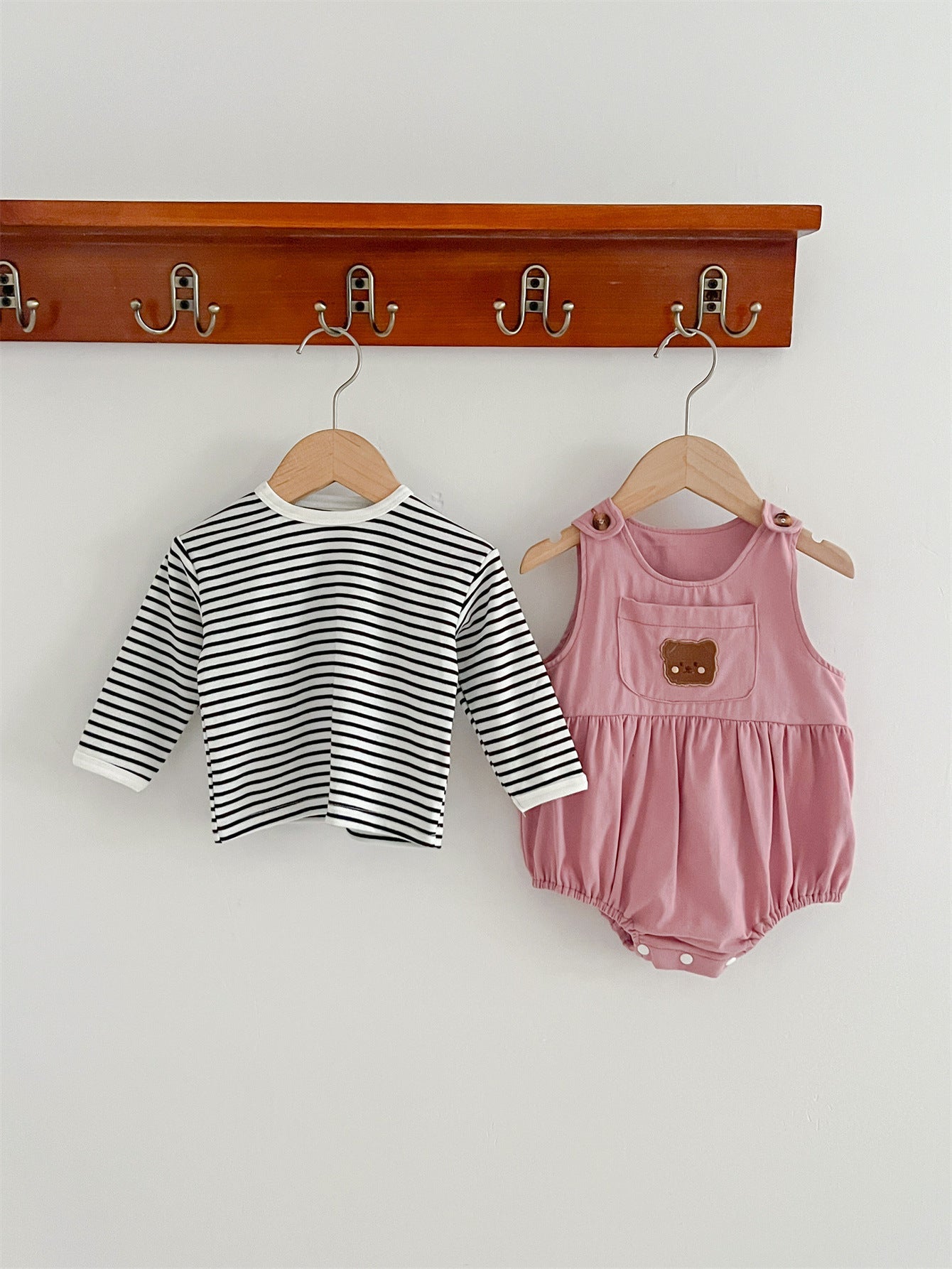 Baby Girls Cute Teddy Overalls Onesie And Striped Top Set