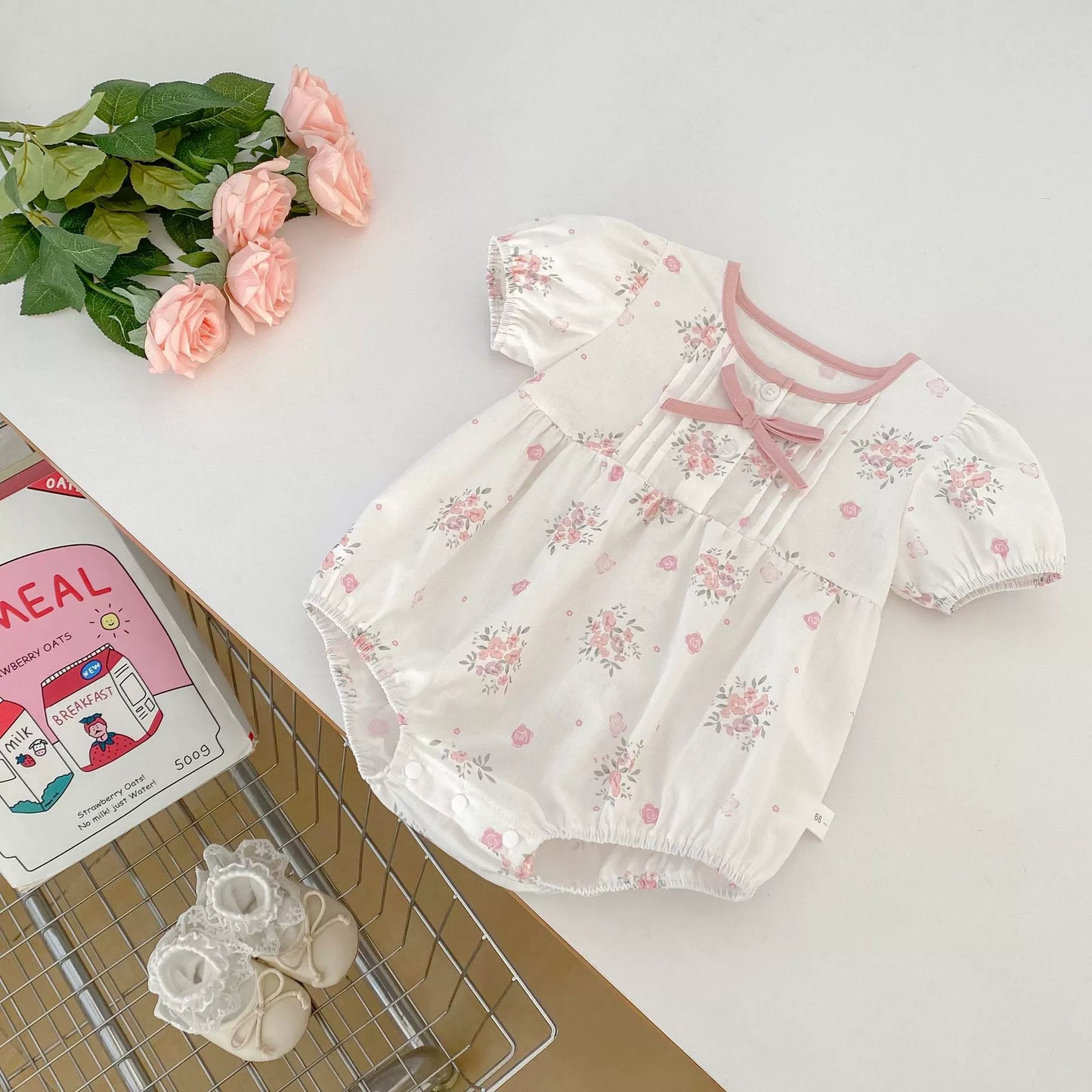 Summer Arrival Baby Girls Cute Short Sleeves Crew Neck Floral Print Onesies